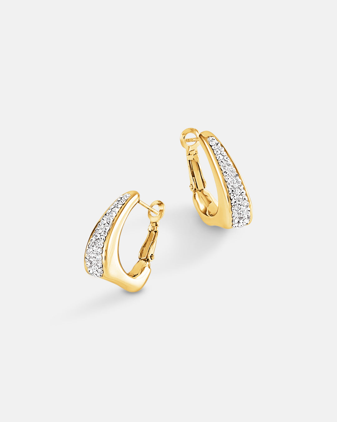 This is the product picture of elegant hoop earrings with micro pavé crystals plated in gold in sterling silver material