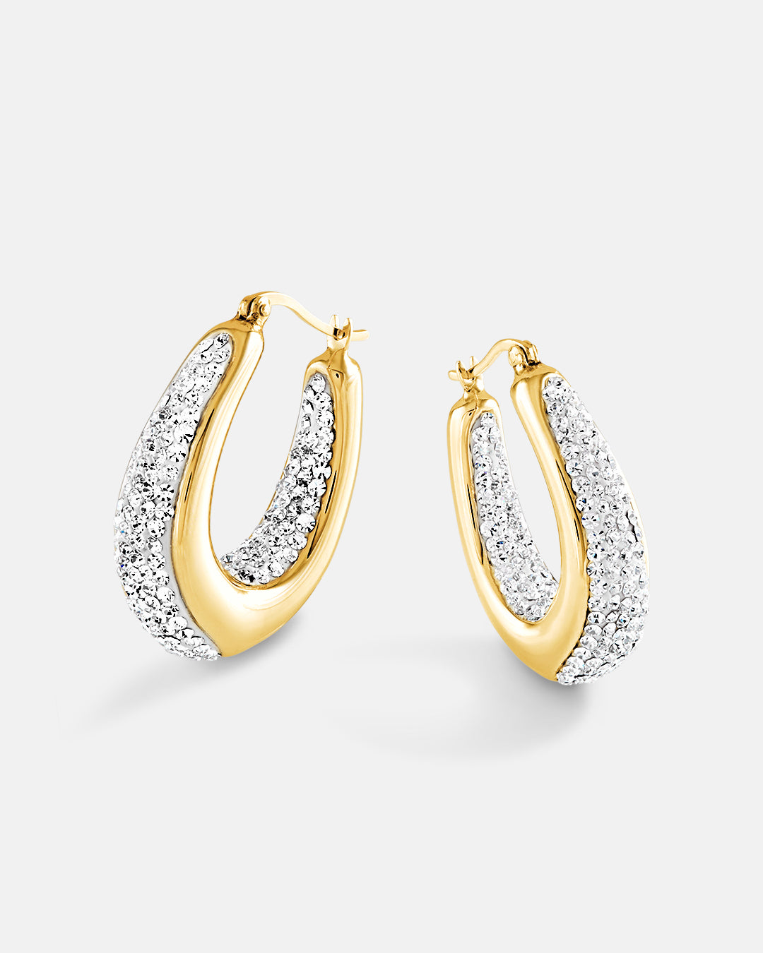 This is the product picture of chunky elegant hoop earrings with crystals plated in gold in sterling silver material