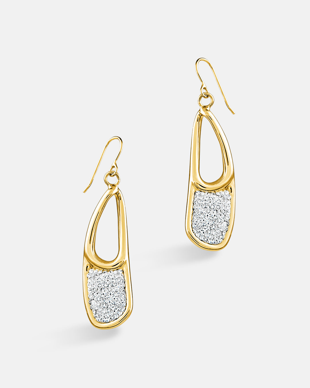 This is the product picture of elegant hoop earrings with micro pavé crystals plated in gold in sterling silver material