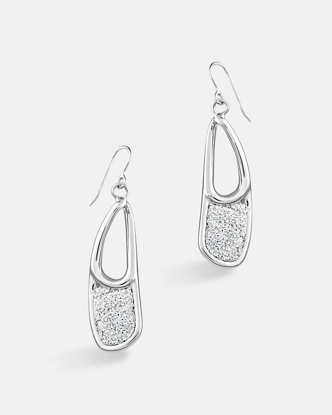 This is the product picture of elegant hoop earrings with micro pavé crystals plated in white gold in sterling silver material