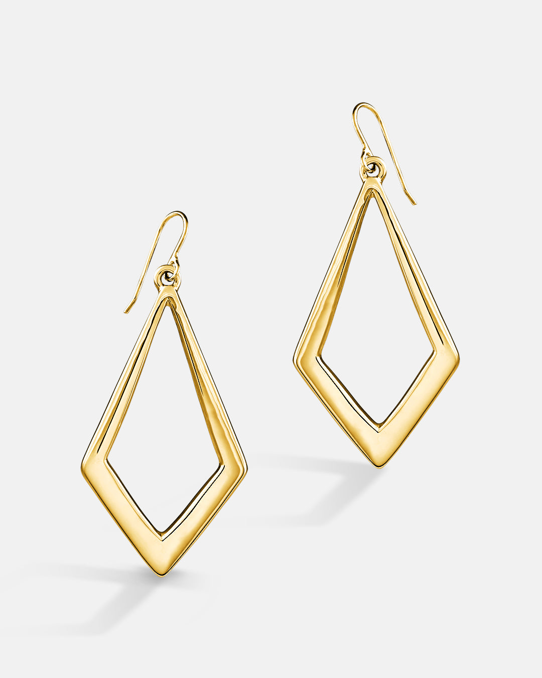 This is the product picture of a a drop earring with a simple geometric rhombus shape design plated in gold in sterling silver material