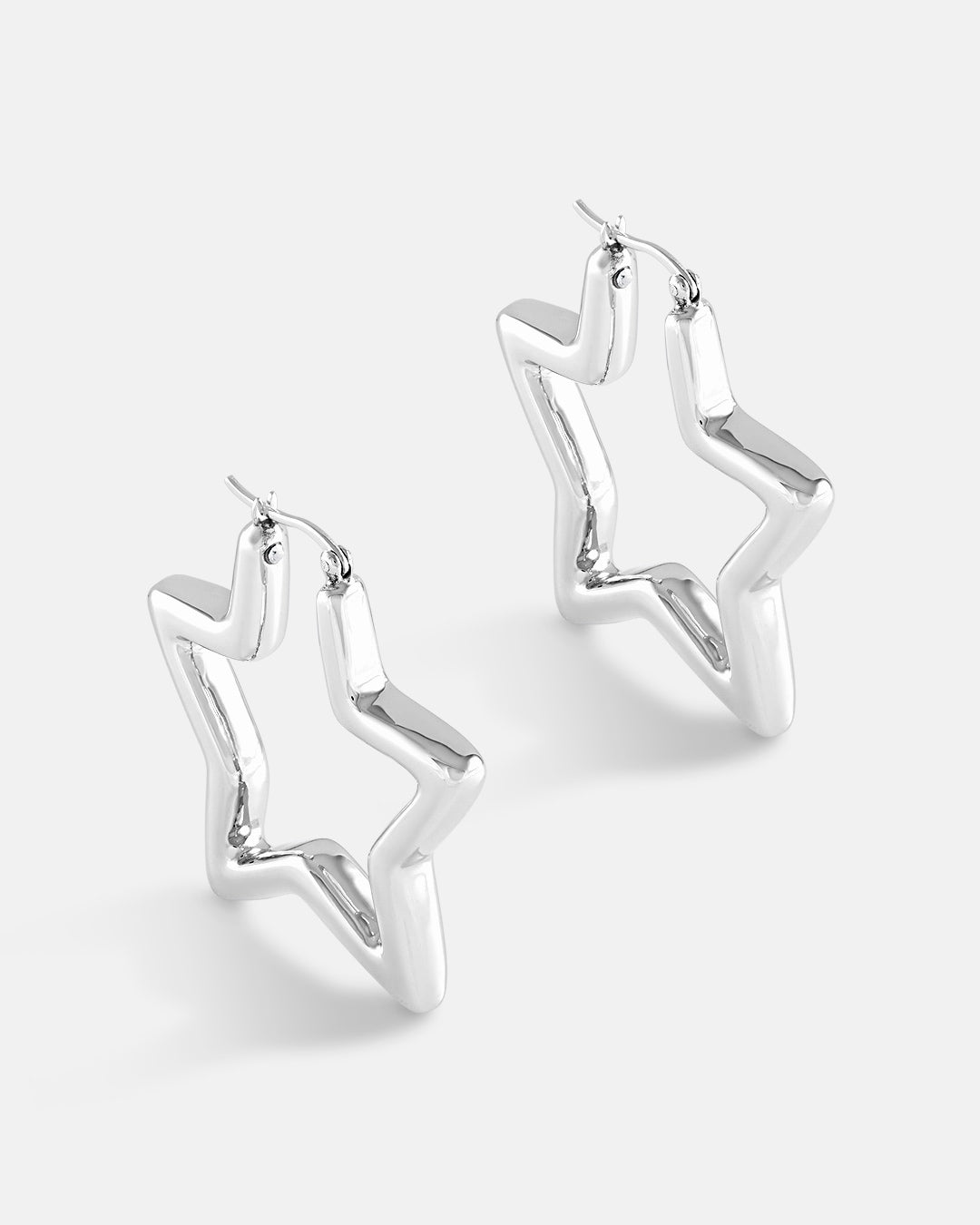 This is the product picture of star shape hoop earrings plated in white gold in sterling silver material