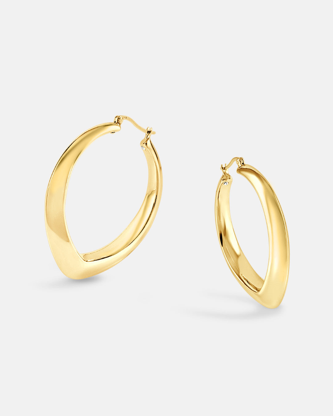 This is the product picture of oversized tear drop shape design hoop earrings plated in gold in sterling silver material