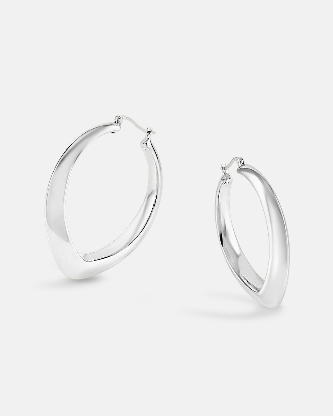 This is the product picture of oversized tear drop shape design hoop earrings plated in white gold in sterling silver material