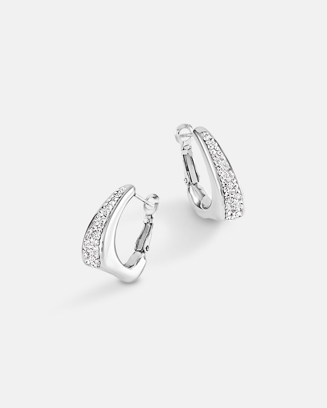 This is the product picture of elegant hoop earrings with micro pavé crystals plated in white gold in sterling silver material