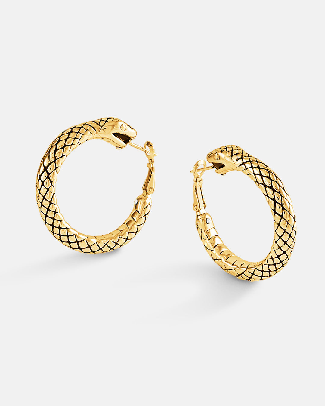 This is the product picture of a snake hoops earrings plated in gold in sterling silver material