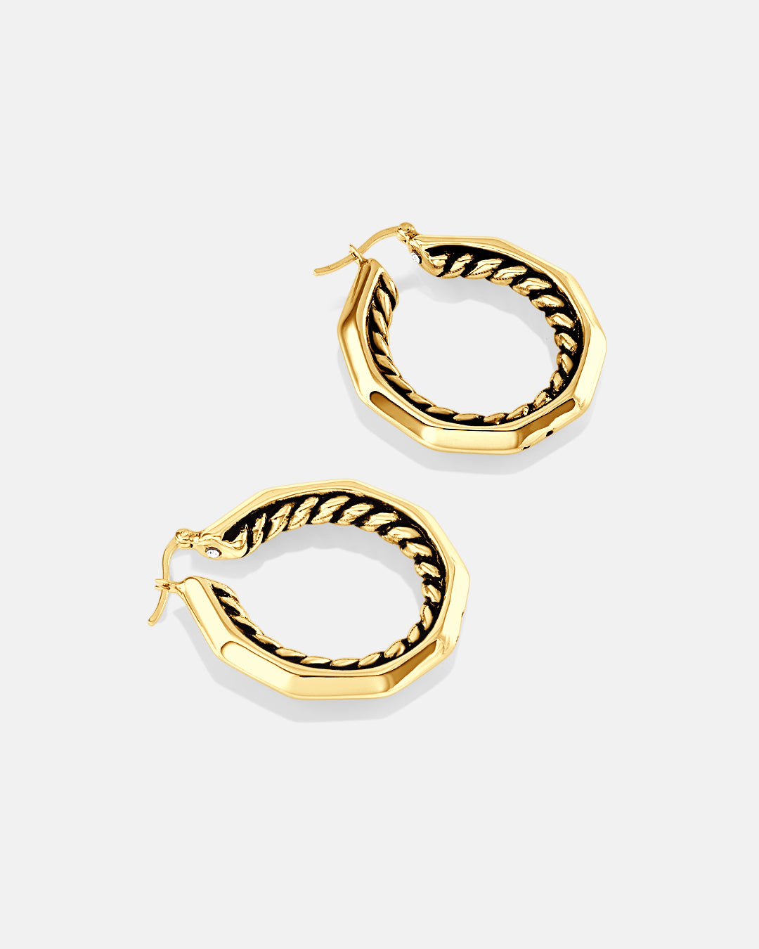 This is the product picture of a decagon shaped hoop earrings with a twisted rope design pattern plated in gold in sterling silver material